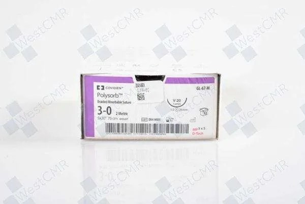 Covidien Polysorb Absorbable Suture with Needle, Polyester, V-20 1/2 Circle Taper Point Needle, Size 3-0, Braided, Box of 12