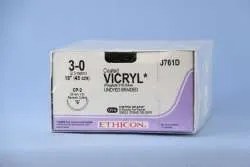 Ethicon Coated Vicryl Absorbable Suture with Needle, Polyglactin 910, CP-2 1/2 Circle Reverse Cutting Needle, Size 3-0, Braided, Box of 12