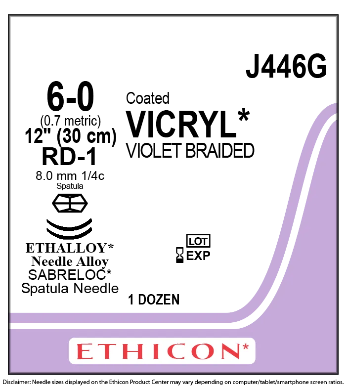 Ethicon Coated Vicryl Suture, 6-0, Polyglactin Violet Braided, 12 in, Sterile, Box of 12