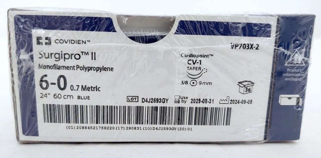 Covidien Surgipro II Nonabsorbable Suture with Needle, Polypropylene, CV-1, 3/8 Circle Taper Point, Size 6-0, Monofilament, Box of 36