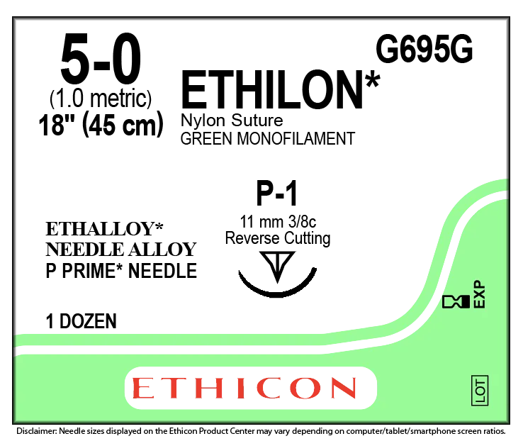 Ethicon Green Monofilament Suture, 5-0, 18 in, Reverse Cutting 11 mm, 12/Box