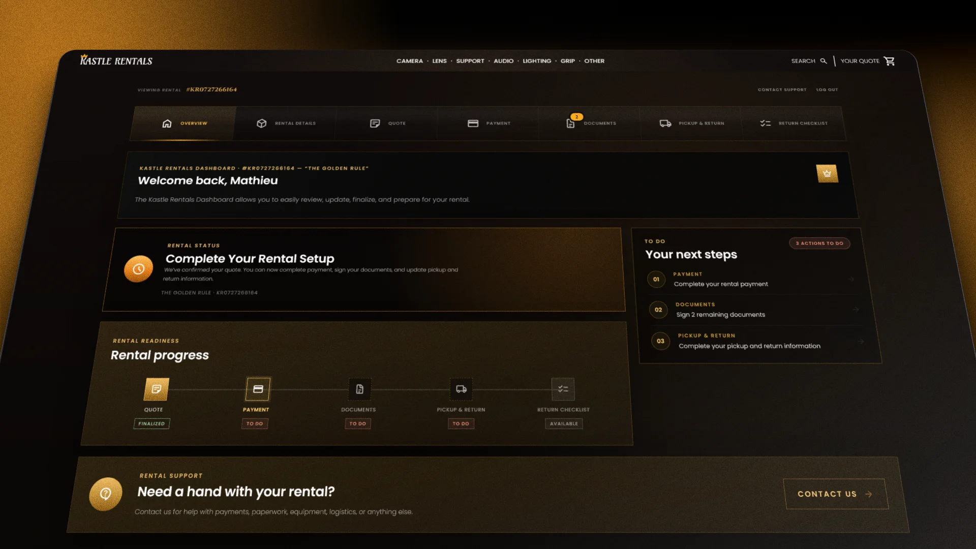 Screenshot of the Overview page on the Kastle Rentals Renter Dashboard