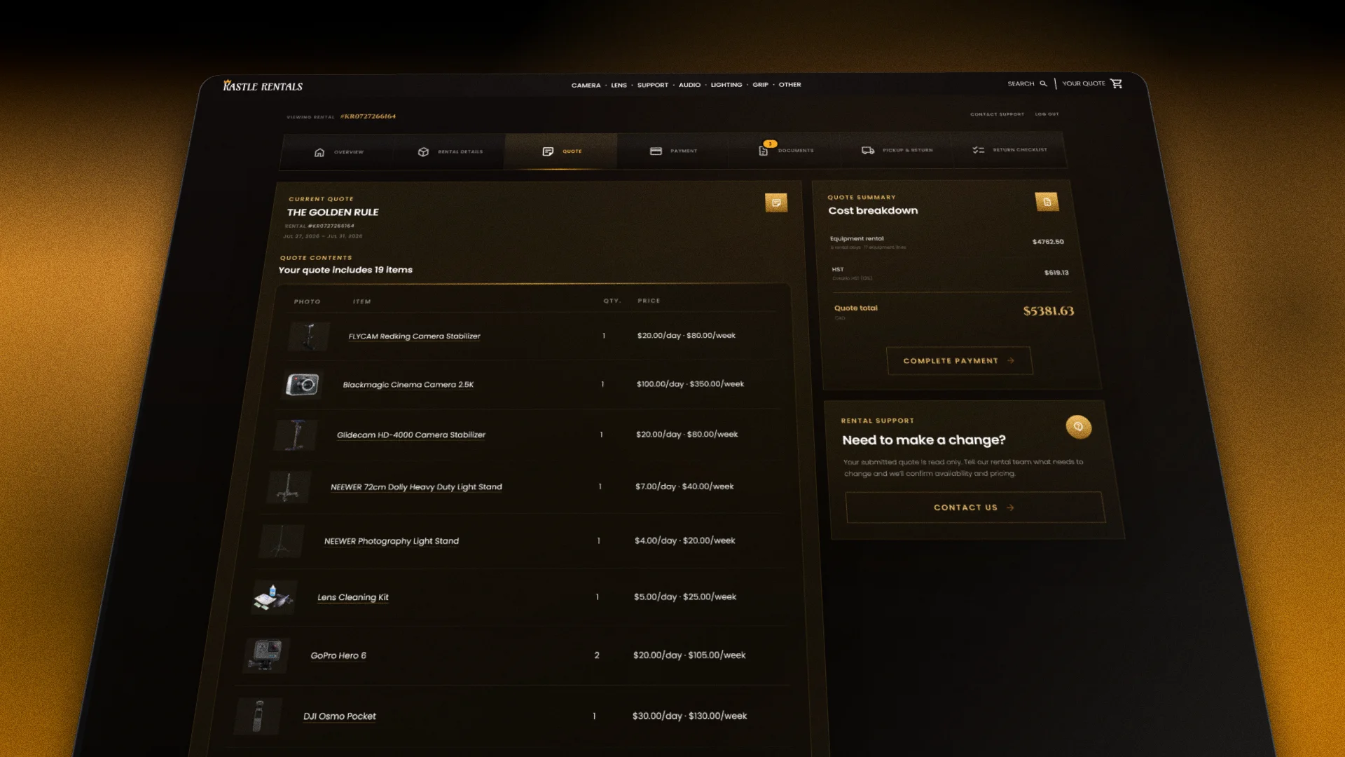 Screenshot of the Quote page on the Kastle Rentals Renter Dashboard