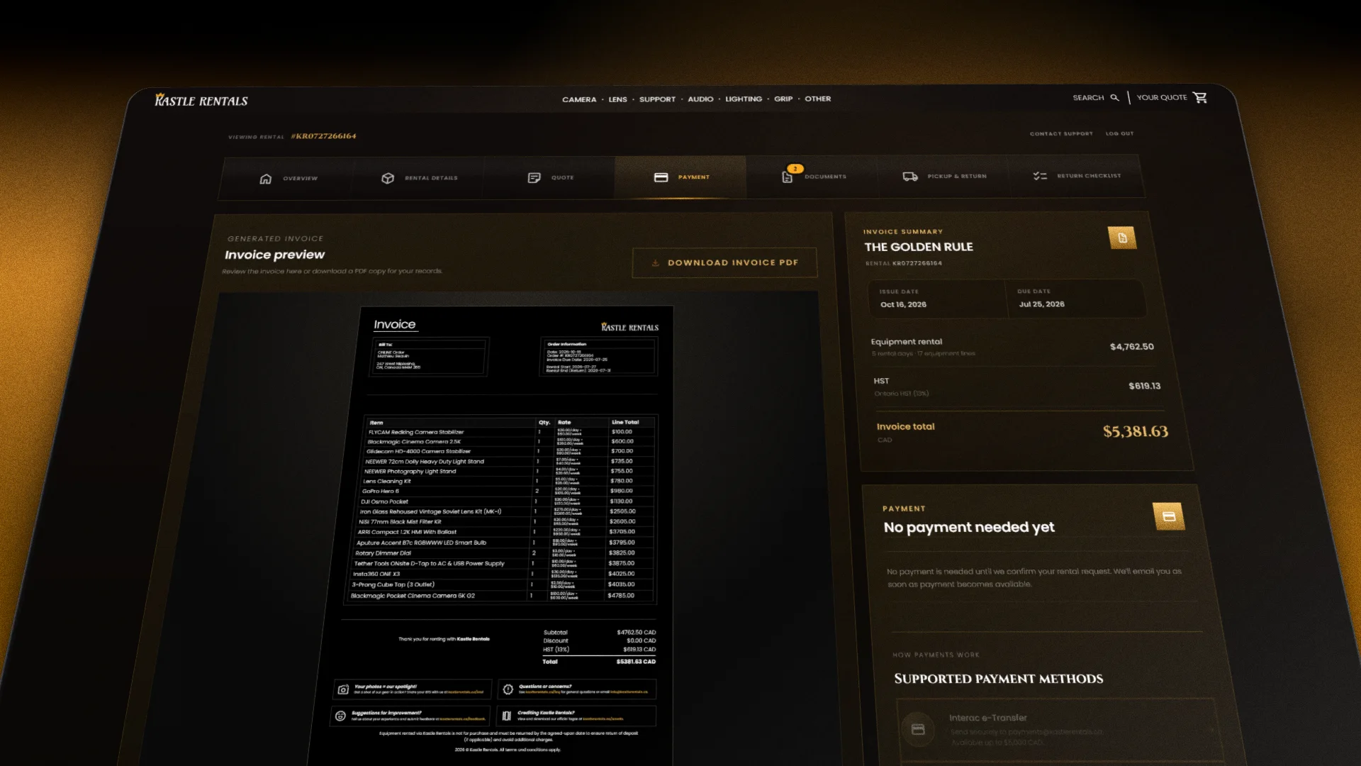 Screenshot of the Payment page on the Kastle Rentals Renter Dashboard