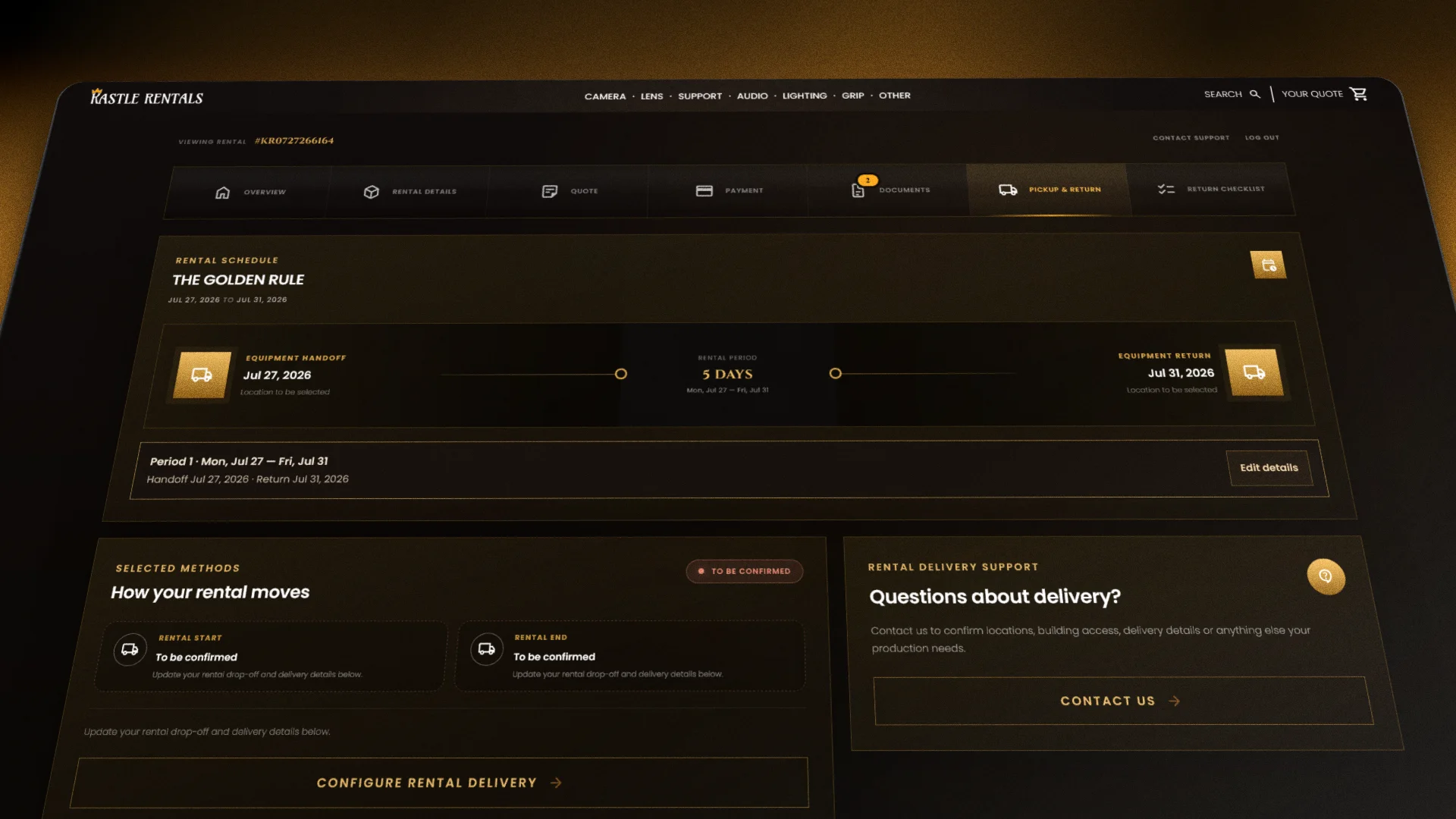 Screenshot of the Pick-up & Return page on the Kastle Rentals Renter Dashboard