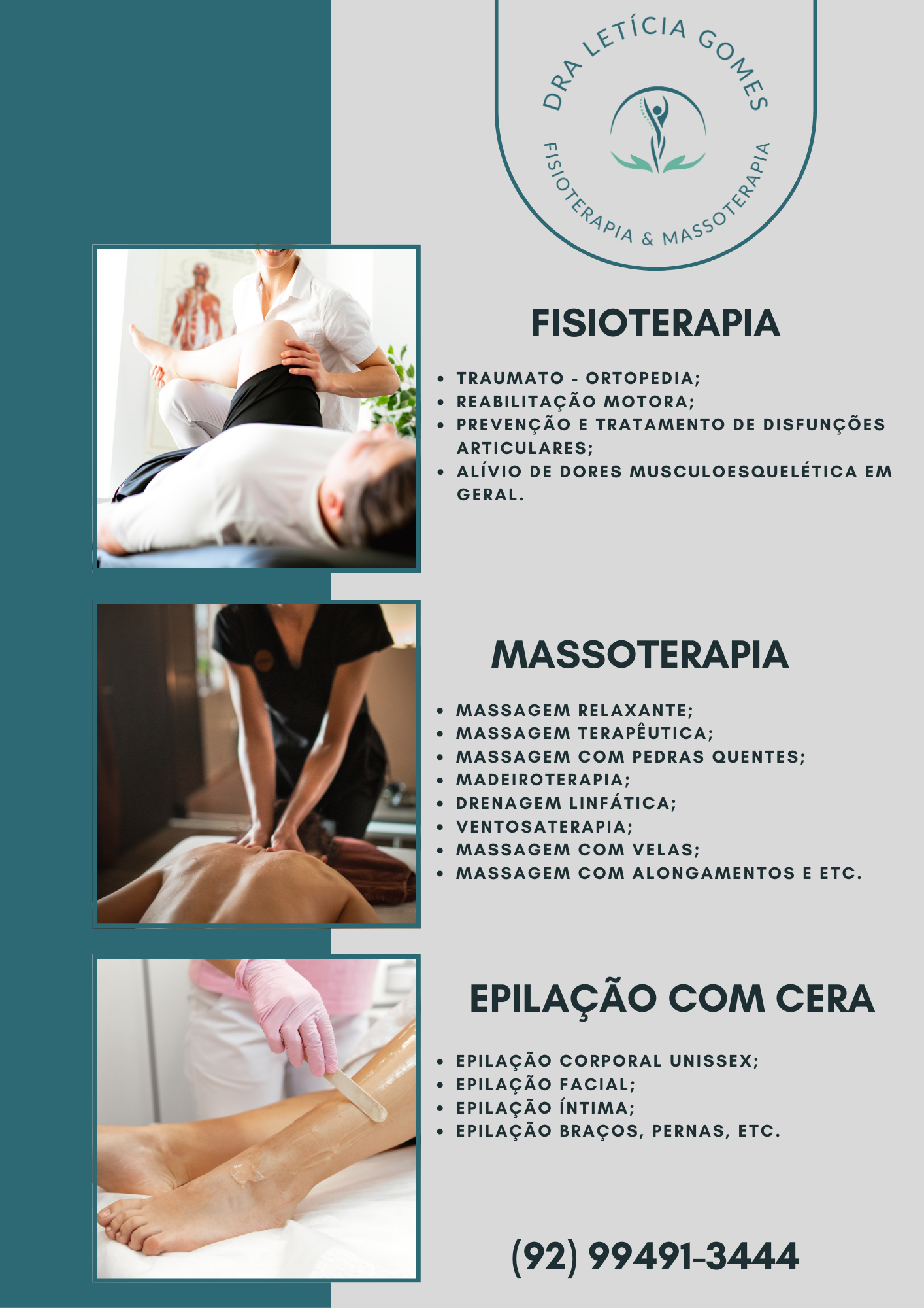 Fisioterapia, massoterapia e depilação corporal