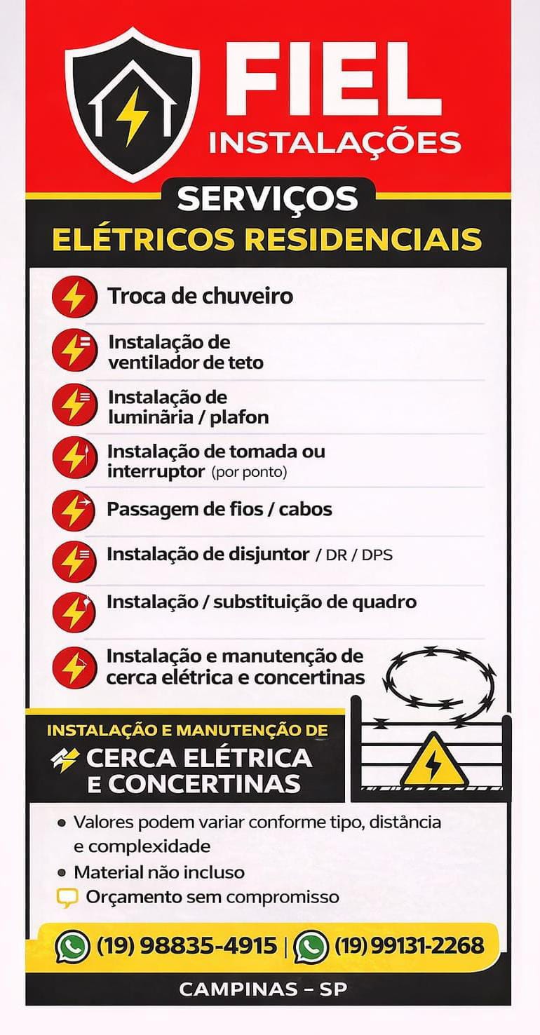 Eletricista residencial, cerca elétrica e concertina.
