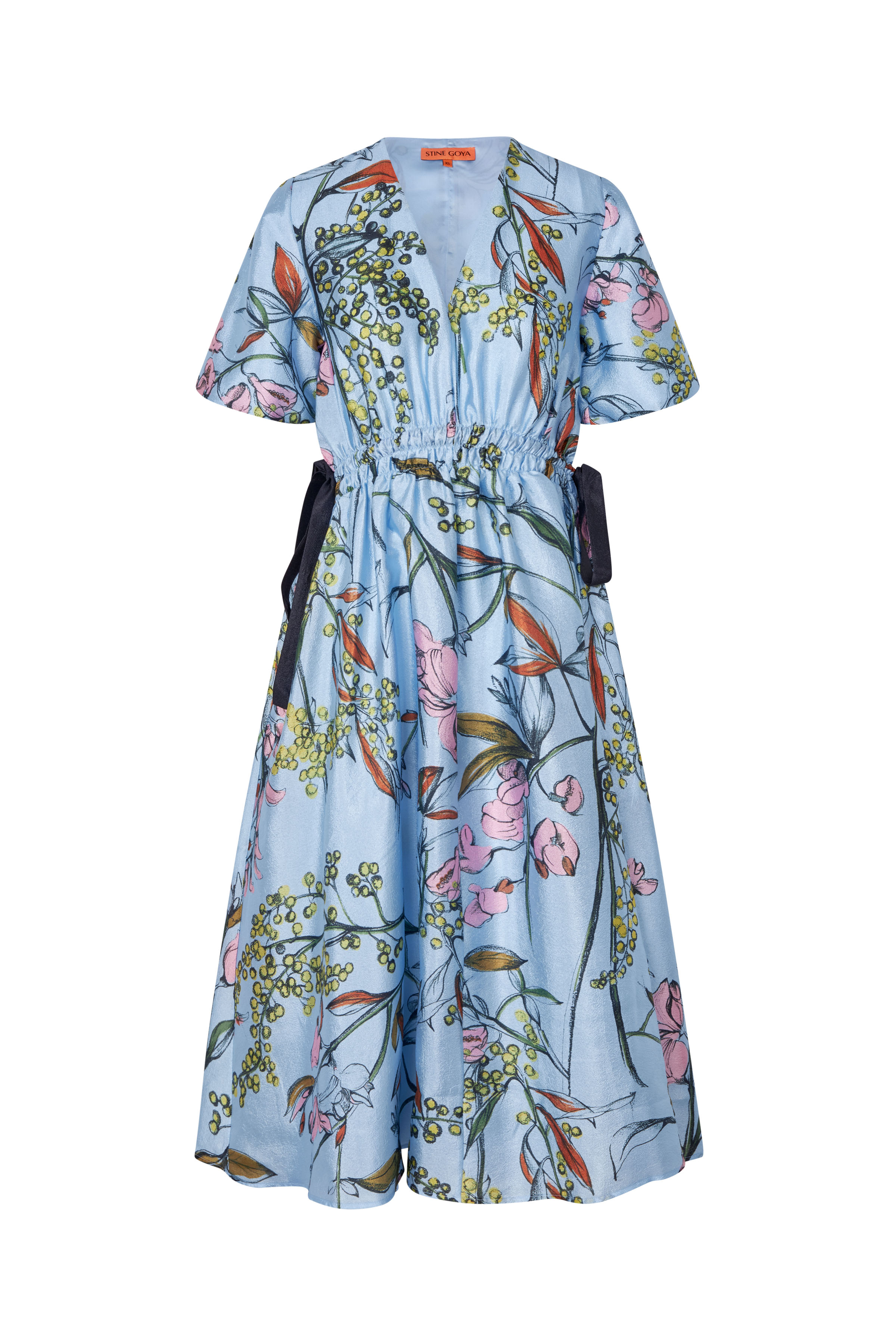 Flat Textured Poly, V-Neck Waist Tie Midi Dress