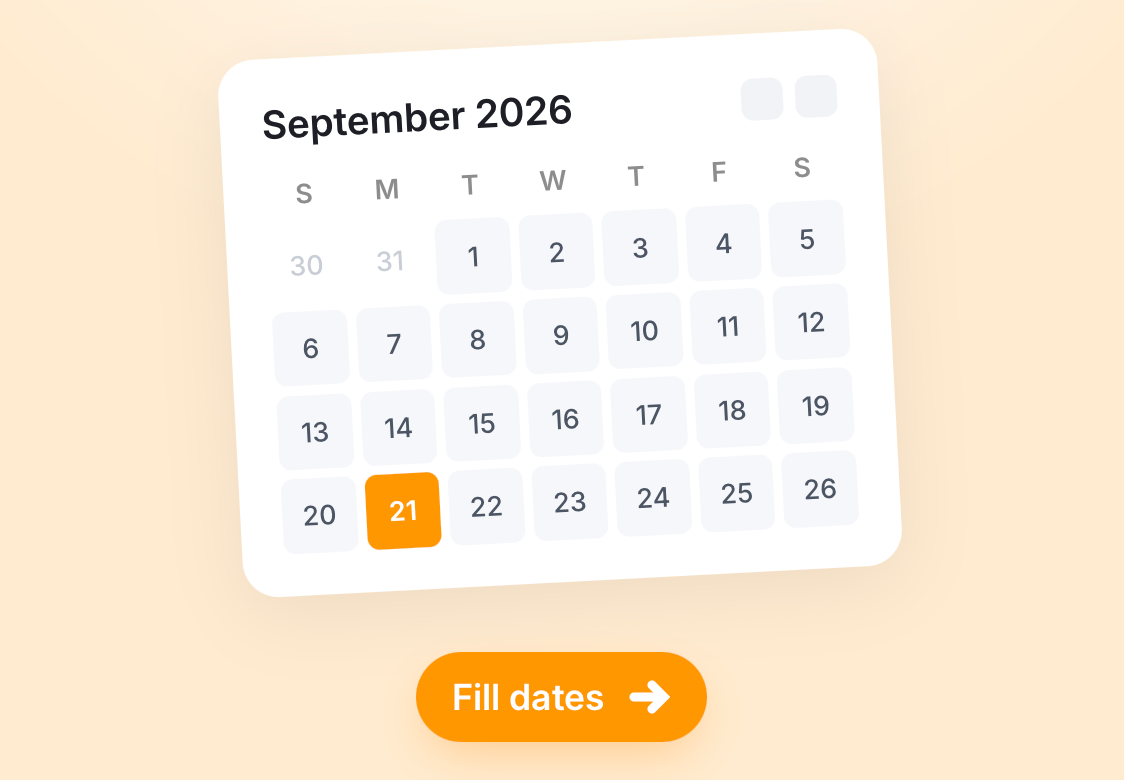 Calendar for September 2026 with a date highlighted and a Fill dates button