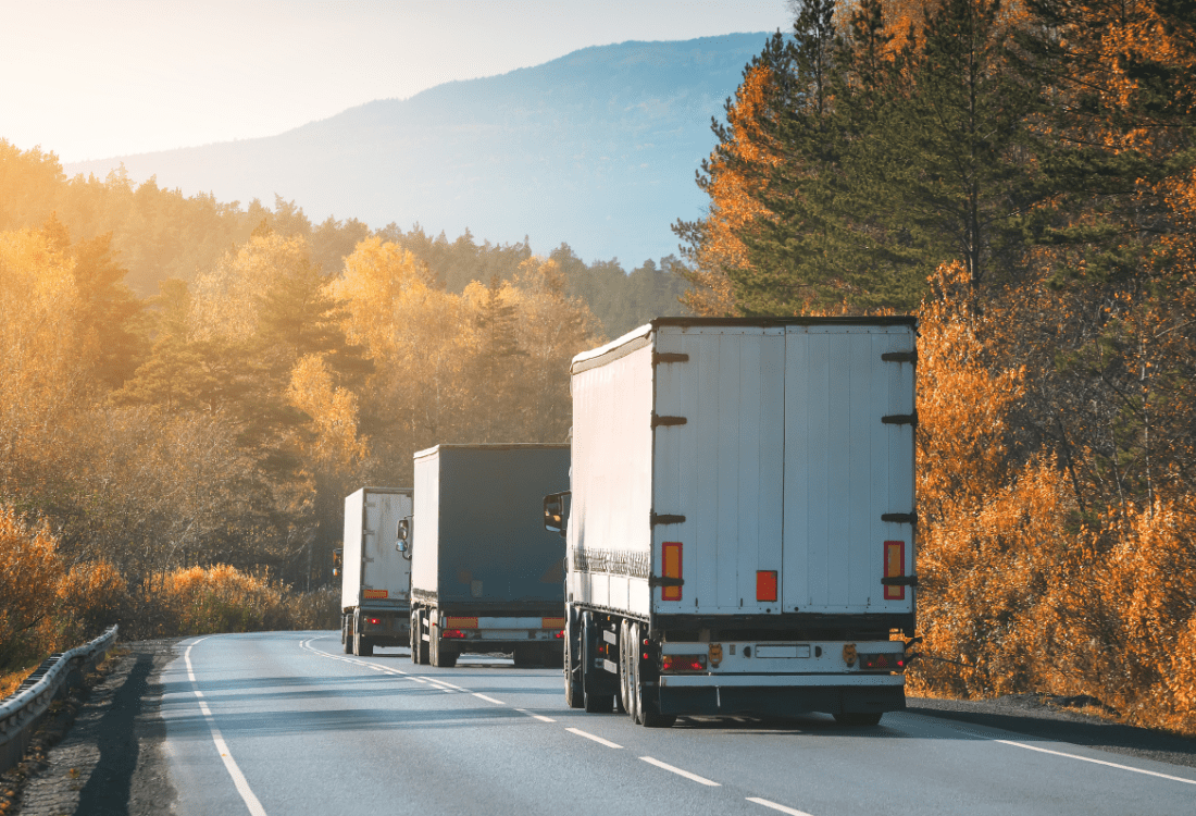 Two white freight trucks driving along a scenic road surrounded by autumnal trees, highlighting the advantages of road freight for cargo transportation.