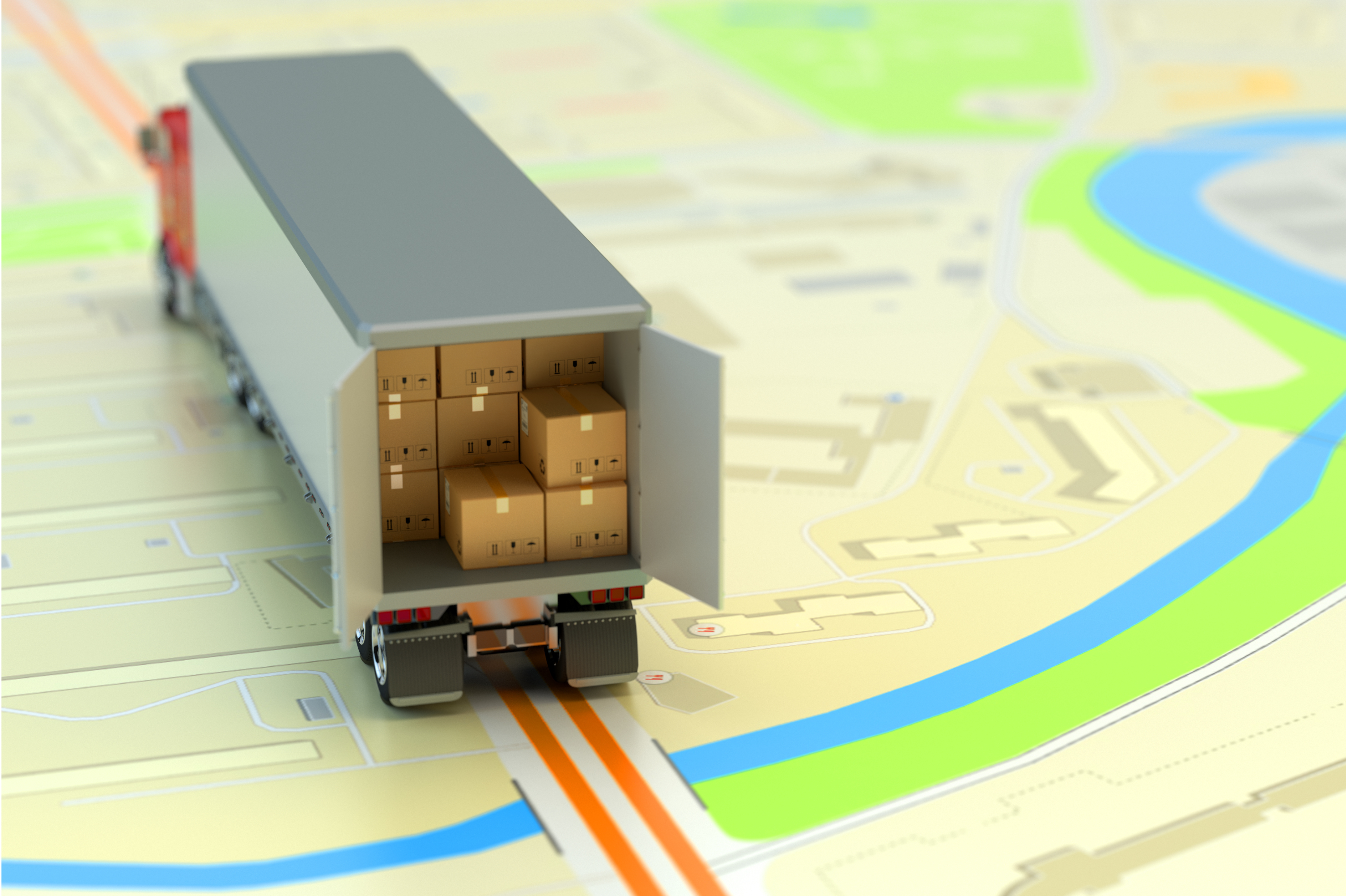 A truck loaded with cargo boxes depicted on a map, highlighting the
complexities and new regulations of post-Brexit customs clearance for UK-EU trade.