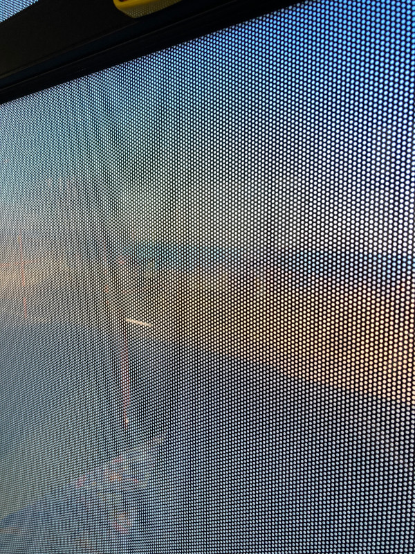 バス車内からの写真。ラッピングによって外がほとんど見えなくなっている。