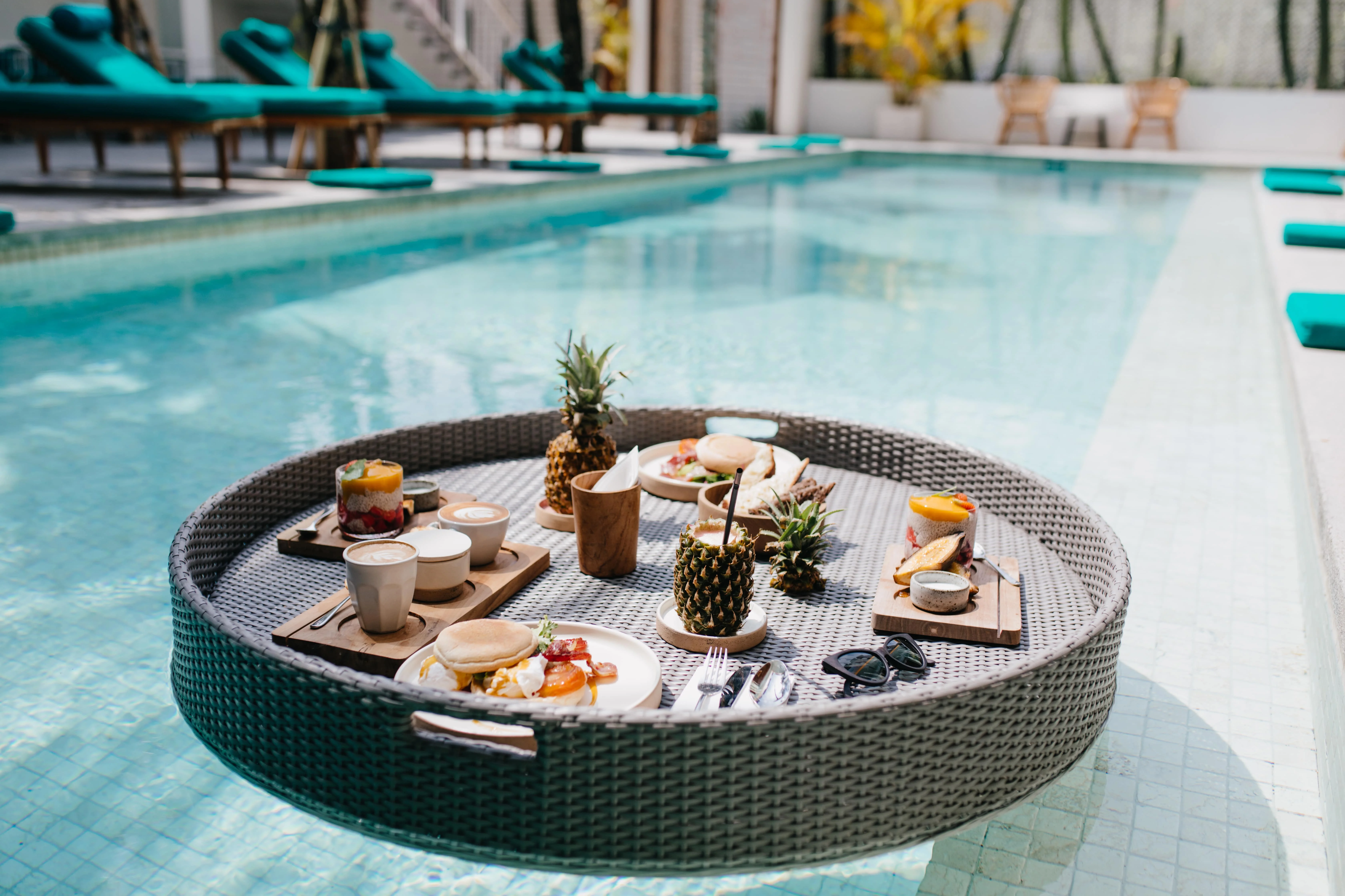 Floating breakfast in a pool