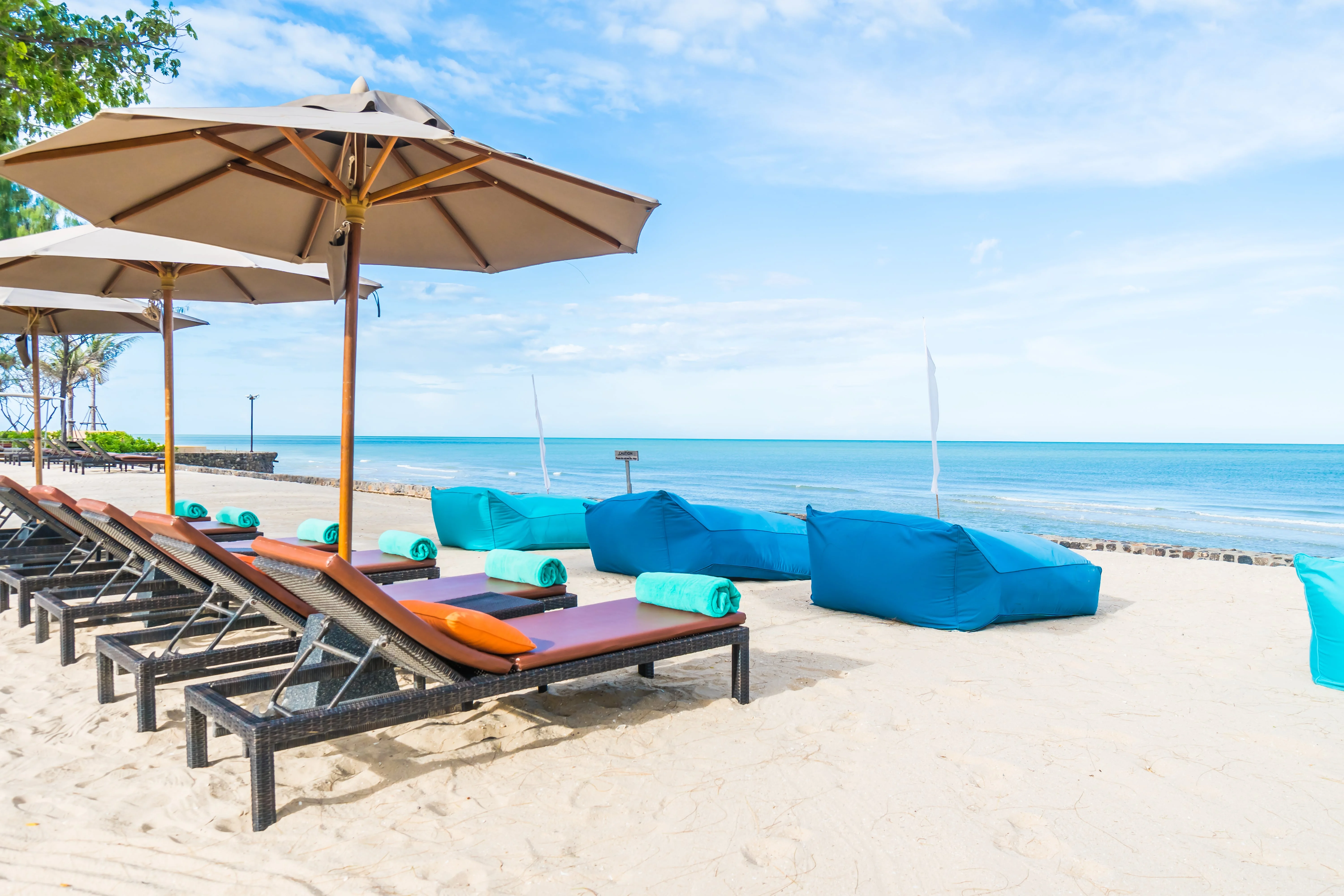 Sunbeds and umbrellas on Zanzibar beach