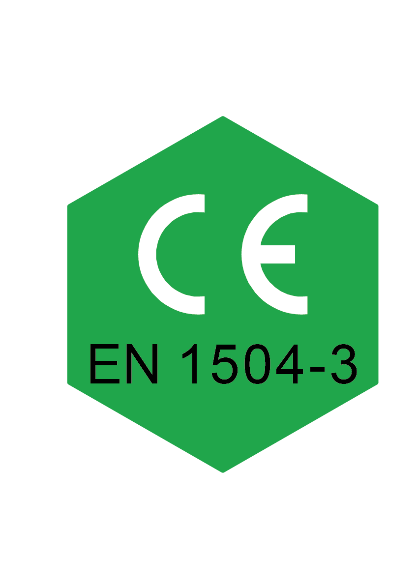 Hexagonal green logo with the text "CE EN 1504-3".