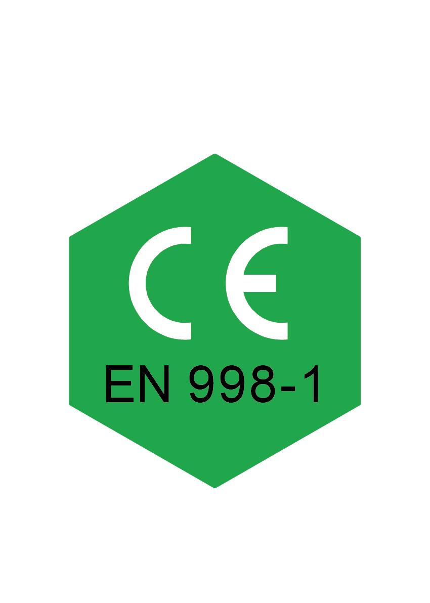 Un'etichetta esagonale verde con le lettere bianche "CE" e la dicitura nera "EN 998-1" sotto.