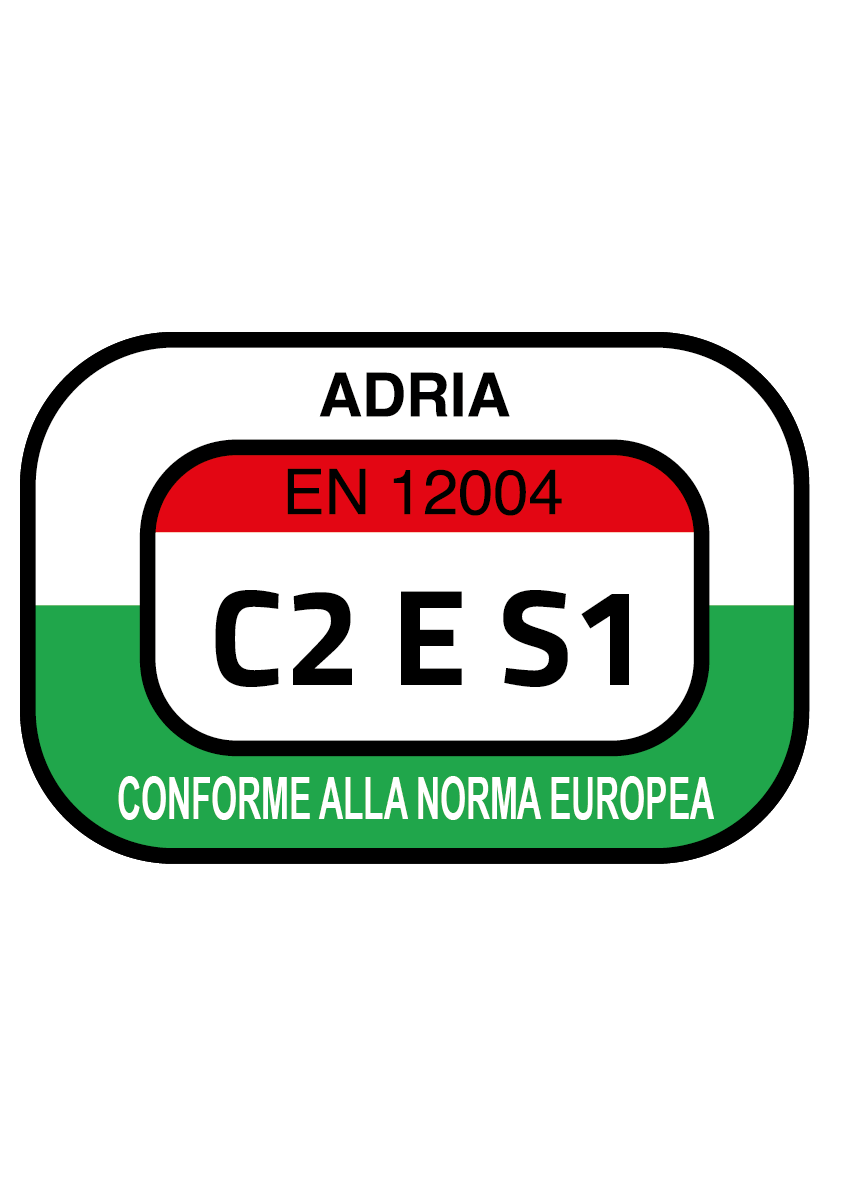 Label stating ADRIA EN 12004 C2 AND COMPLIANT WITH THE EUROPEAN STANDARD.