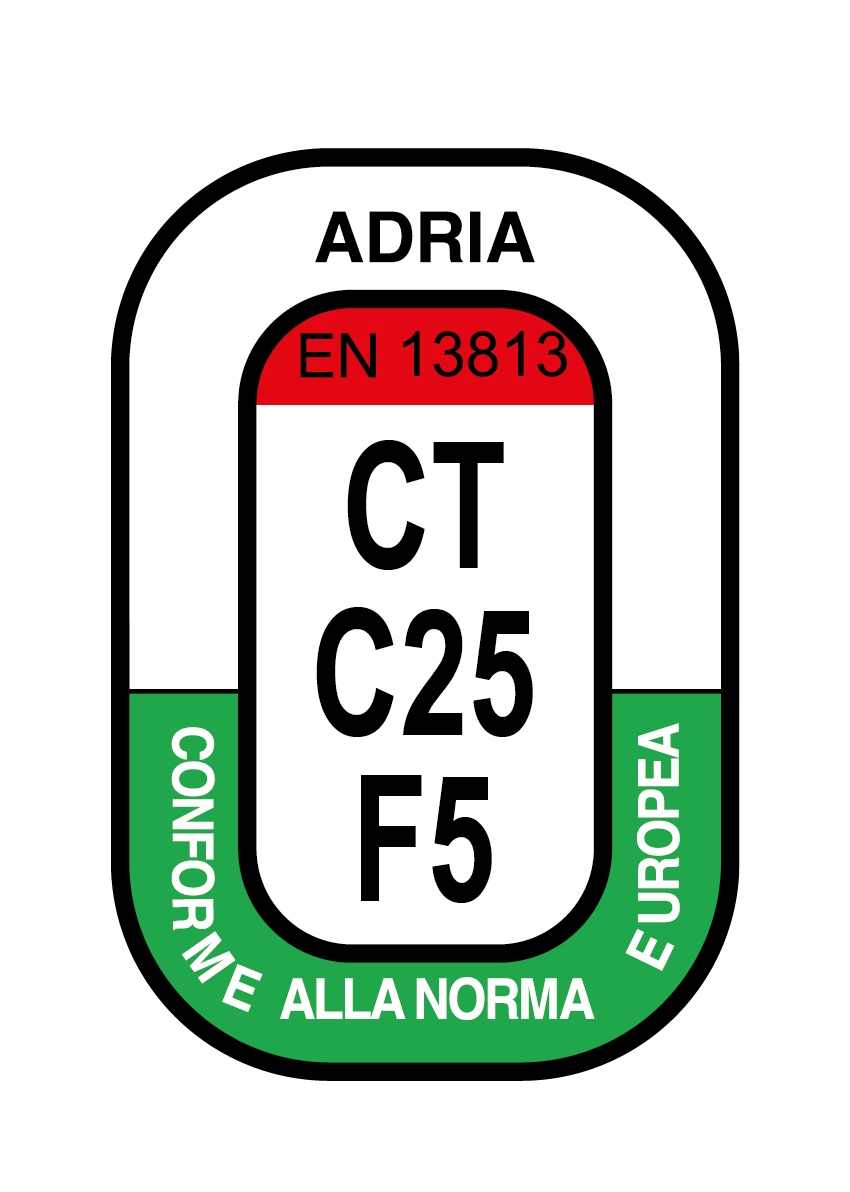 ADRIA label indicating "EN 13813", "CT", "C25", "F5", "COMPLIANT WITH EUROPEAN STANDARD".