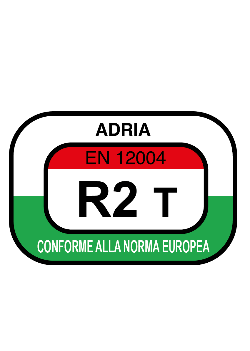Aufkleber mit Text ADRIA EN 12004 R2 T gemäß europäischer Norm.