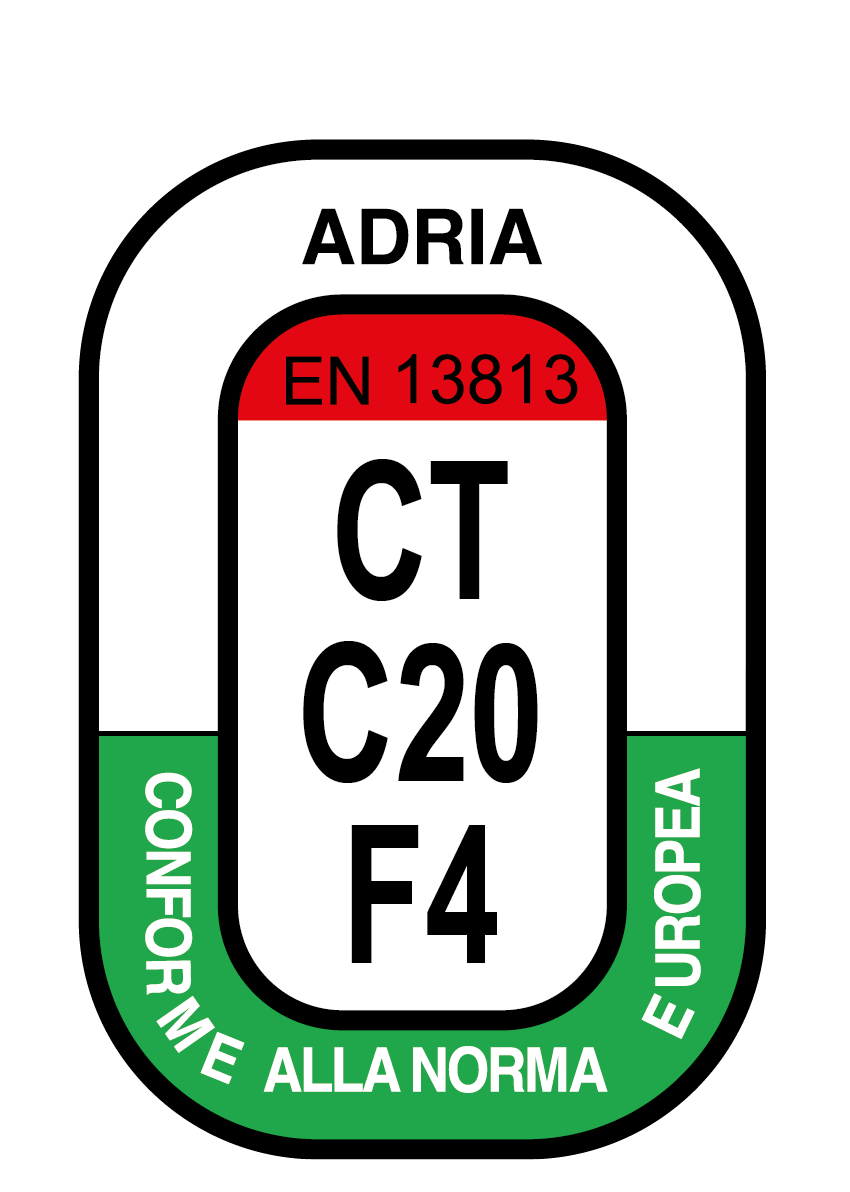 Adria EN 13813 CT C20 F4 Zertifizierungslabel konform mit der europäischen Norm.