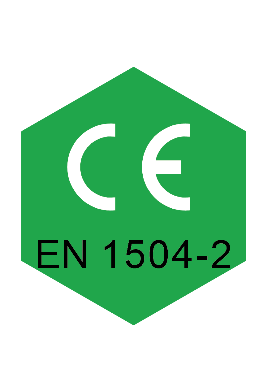Logo CE EN 1504-2 su sfondo verde.