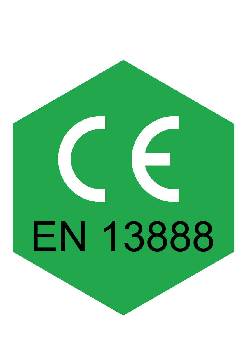 A green hexagon with the CE logo and the text "EN 13888".