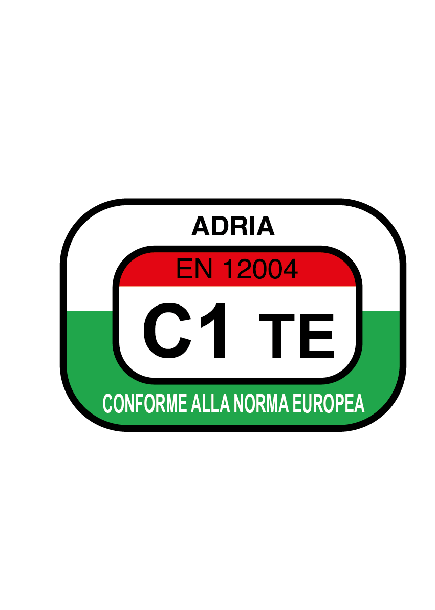Logo with the inscription "ADRIA EN 12004 C1 TE COMPLIANT WITH THE EUROPEAN STANDARD".