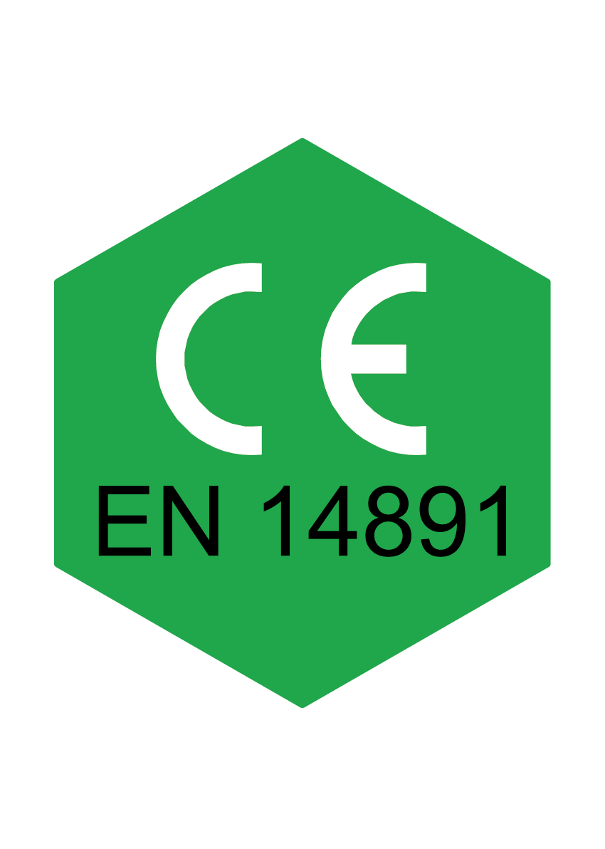 EN 14891 environmental compliance logo, with white "CE" letters and black "EN 14891" text on a green hexagon.