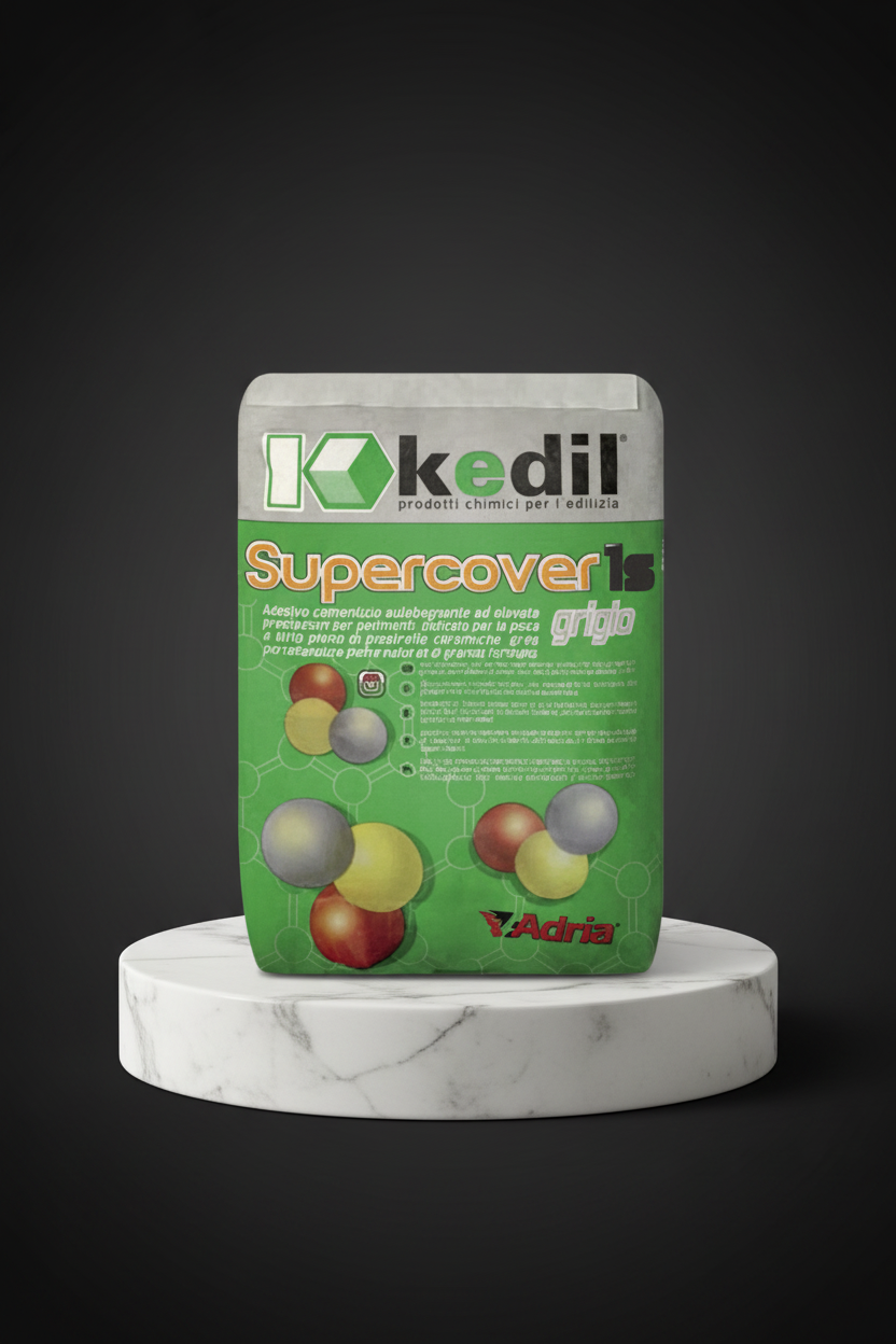 A bag of Kkedi Supercover Is gray self-leveling cementitious adhesive on a marble pedestal.