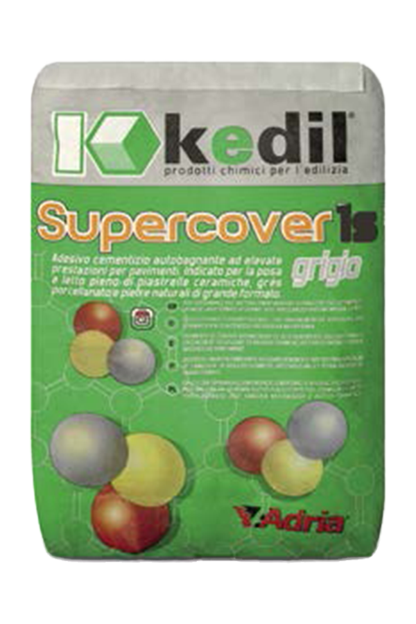 A bag of Kedil Supercover 1S grey self-wetting cementitious adhesive.