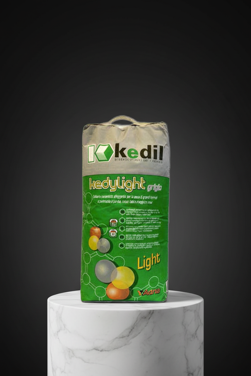 Kkedil Kedylight Grigio Leichtzuschlagsbeutel, präsentiert auf einem stilvollen weißen Marmorständer.