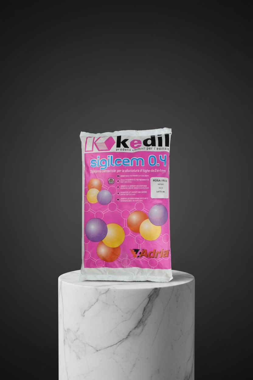 A bag of Sigilcem 0.4 stucco by K Kedil sitting on a white marble pedestal.