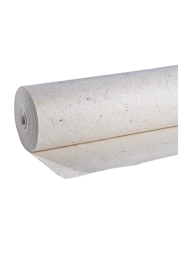 Roll of raw fabric or cream-colored recycled paper with multicolored fragments on a black background.