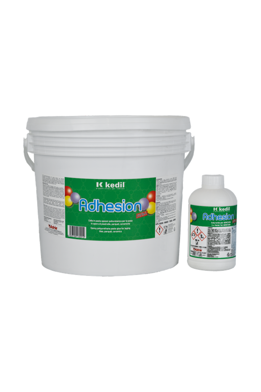 Colla Adhesion di Kedil per incollare pavimenti, piastrelle e ceramiche. Colla e indurente in pasta epossipoliuretanica.