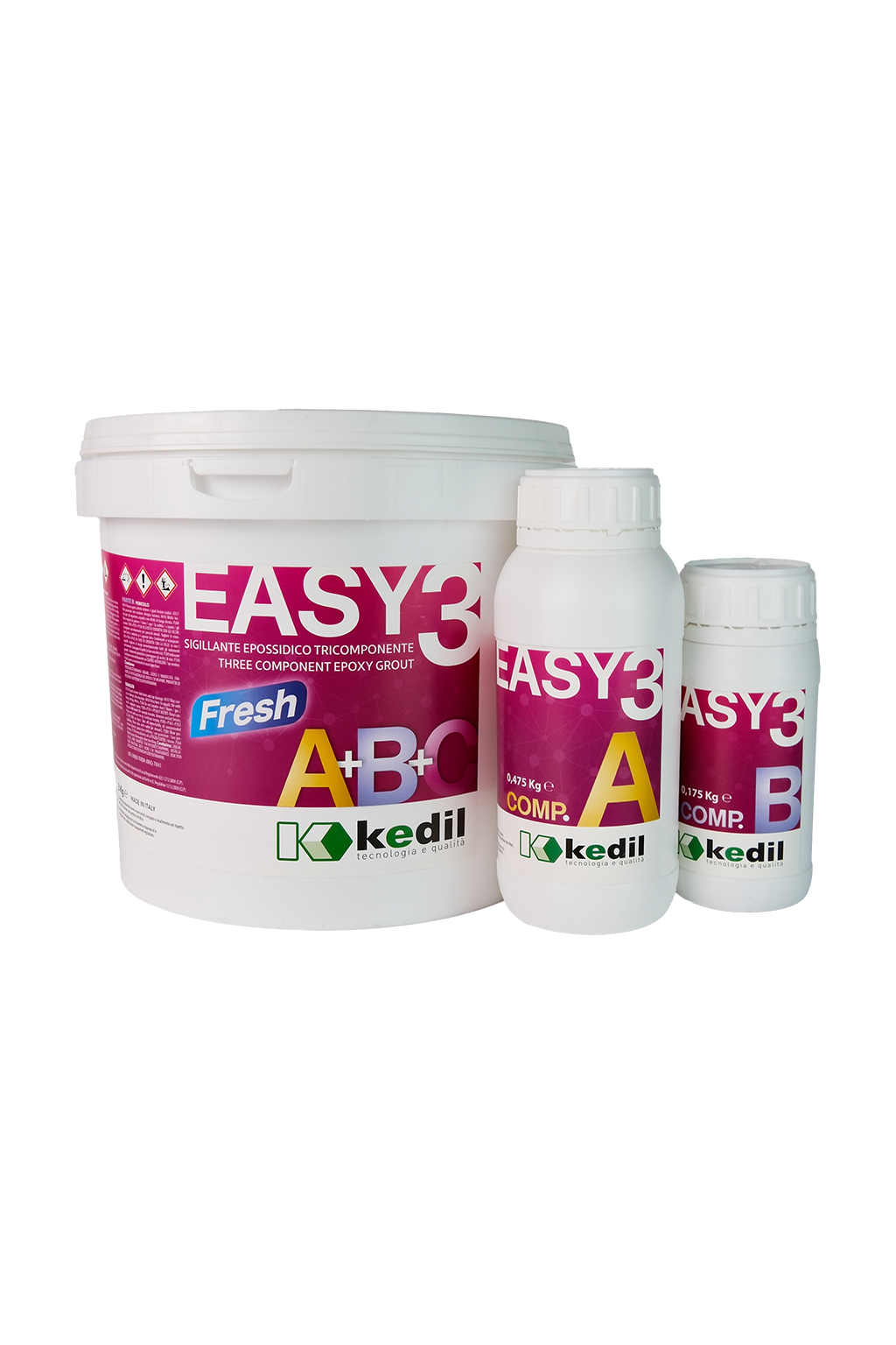 Drei Behälter mit dreikomponentigem Easy3 Epoxid-Dichtstoff von Kedil.