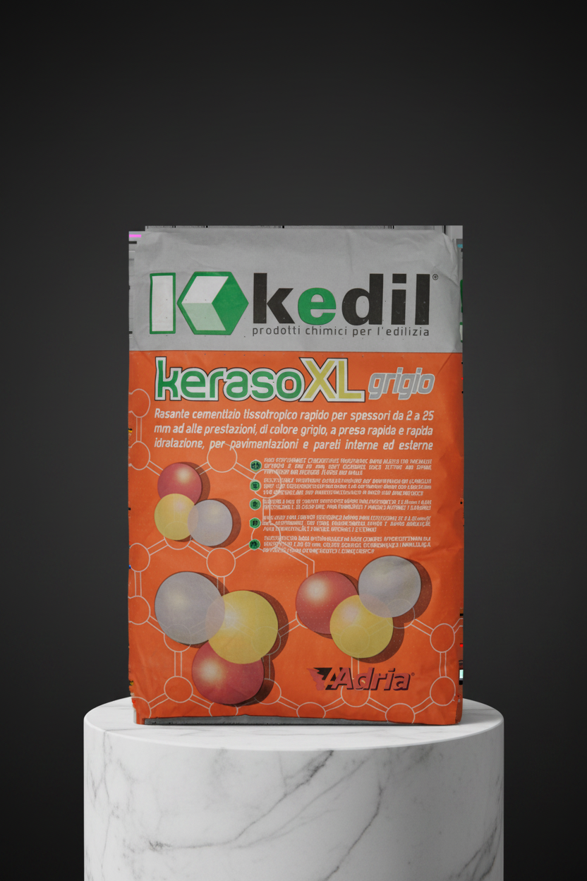 Una borsa di malta adesiva K Kedil kerasoXL grigio su un piedistallo di marmo.