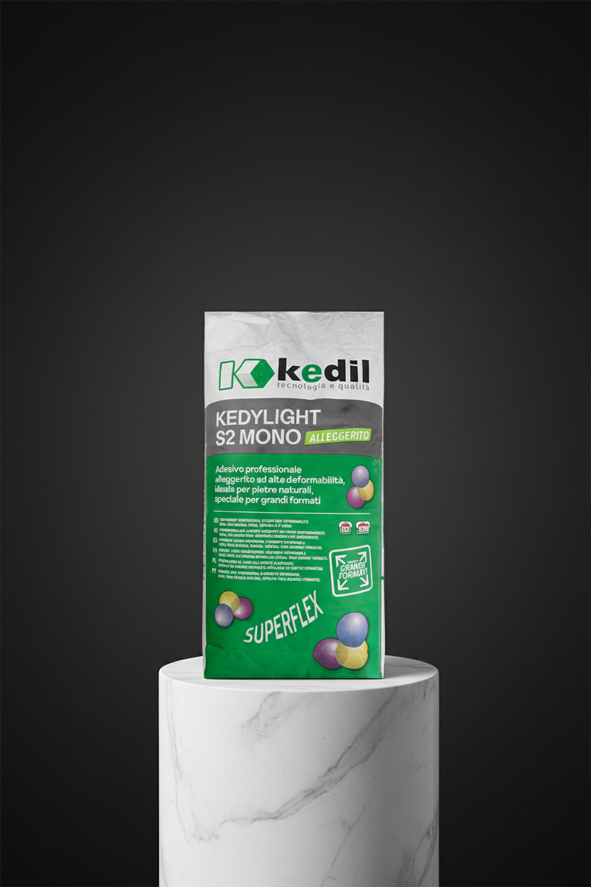 A rounded-corner bag of professional lightweight adhesive Kedil Kedylight S2 Mono Aliegerito for natural stone materials and large formats.