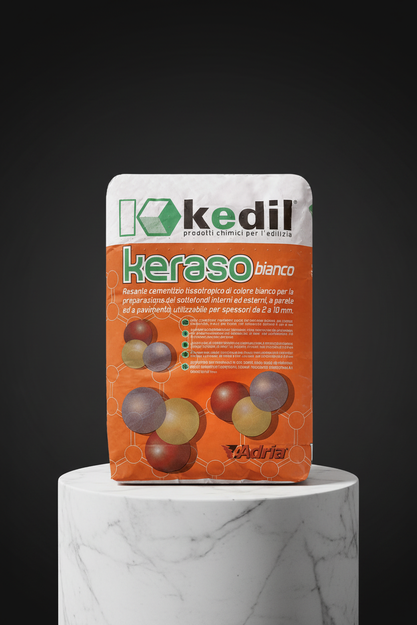 Eine Packung weißen Kedil Keraso Zementmörtels auf einem weißen Marmorsockel.