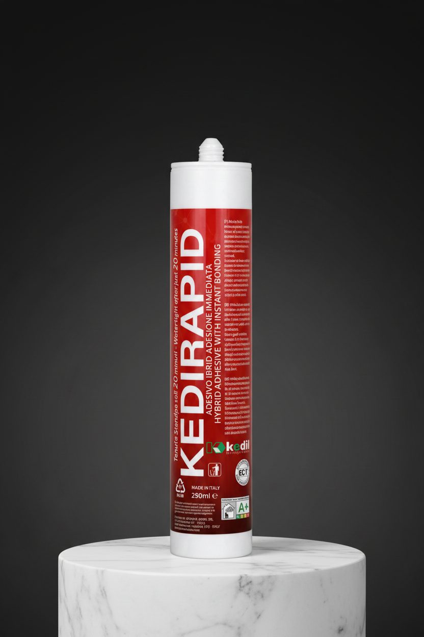 KEDIRAPID: Made in Italy hybrid adhesive with immediate grab, displayed on an elegant marble pedestal.
