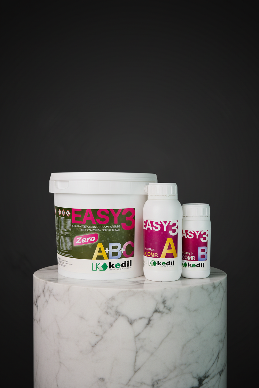 Tre contenitori bianchi di adesivo epossidico a tre componenti EASY3 di Kedil su un piedistallo di marmo.