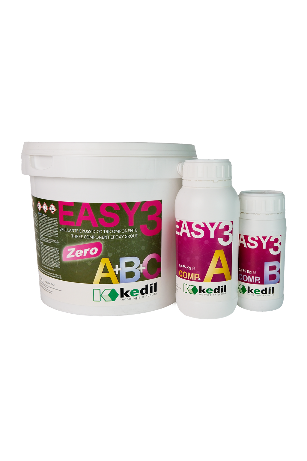 Drei Gebinde EASY3, ein dreikomponentiger Epoxidharz-Dichtstoff.