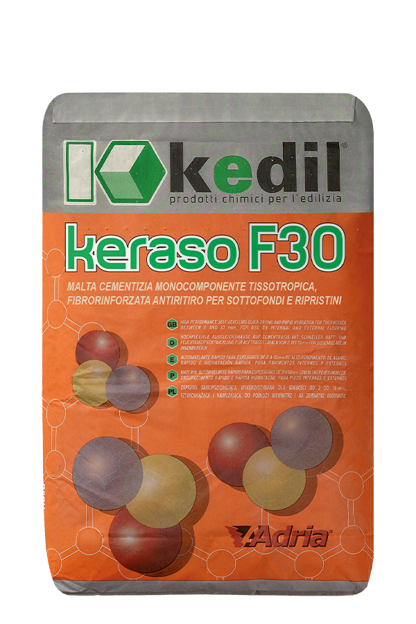 Kedil Keraso F30: thixotropic one-component cementitious mortar for subfloors and repairs.