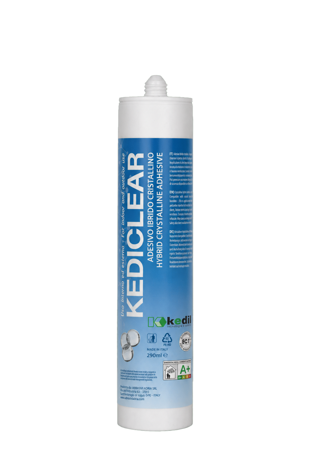KEDICLEAR Crystalline Hybrid Adhesive for indoor and outdoor use. 290ml, Made in Italy. A+ Emissions.