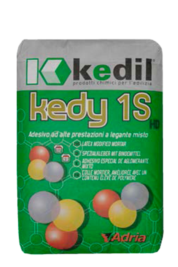 A bag of Kedy 1S adhesive by Kedil. It is a high-performance latex-modified mortar.