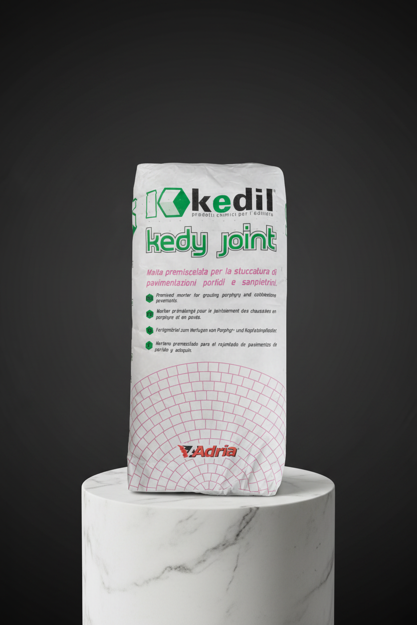 Un sacco bianco di premiscelato per pavimentazioni Kedil Kedy Joint su piedistallo.