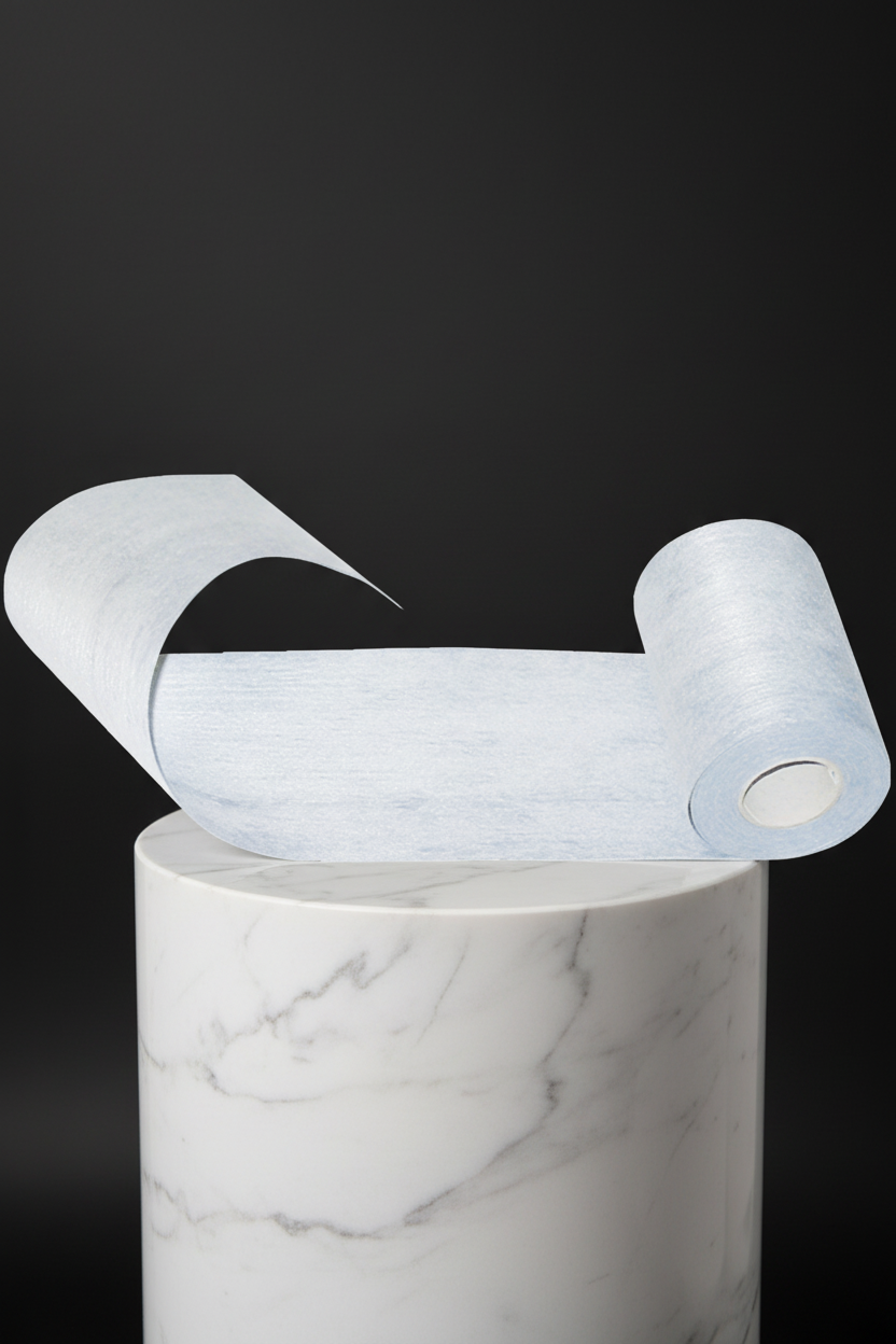 Fabric roll on a marble pedestal.