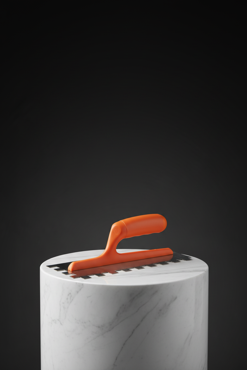 An orange spatula on a white marble pedestal.