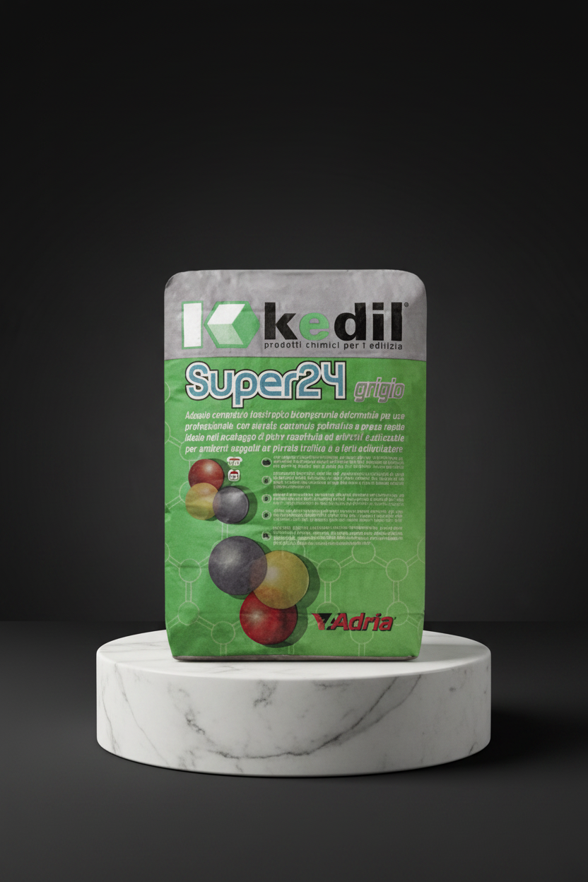 Bag of Kedil Super 24 grey cementitious adhesive on a pedestal.