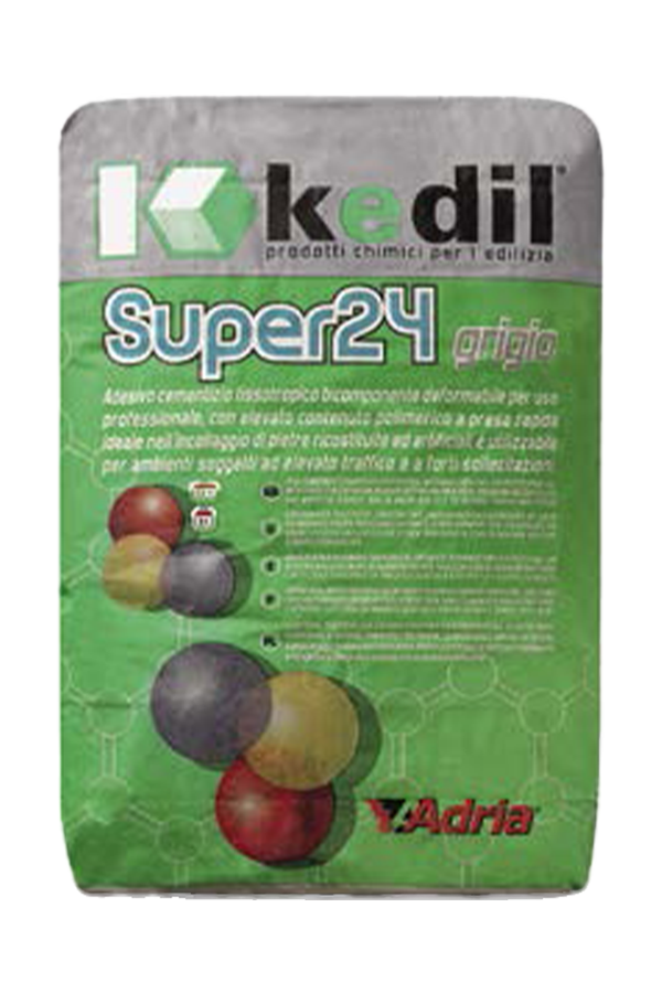 Kkedil Super24 grey: high-strength two-component cementitious adhesive for reconstituted stones and high-traffic environments.