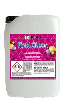 Tanica di K-Kedril Final Clean, un detergente professionale con etichetta fucsia.